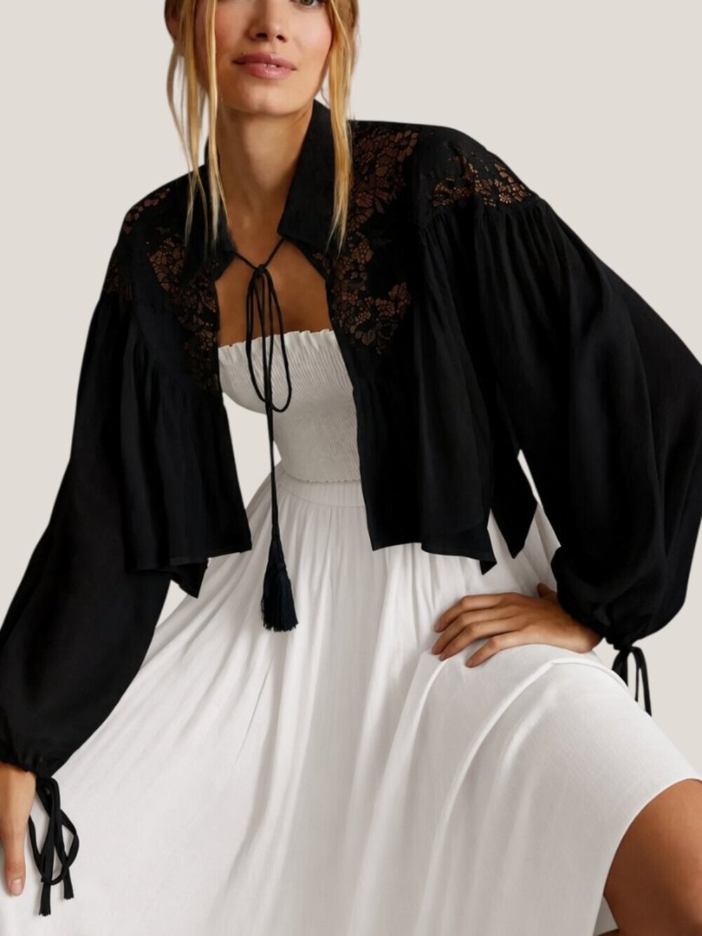 Anthropologie House Of Harlow 1960 Cropped Lace Shrug Puff Sleeve Black One Size